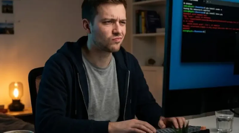 Developer at a dim home office looking suspiciously at a terminal error message on his computer screen late at night.
