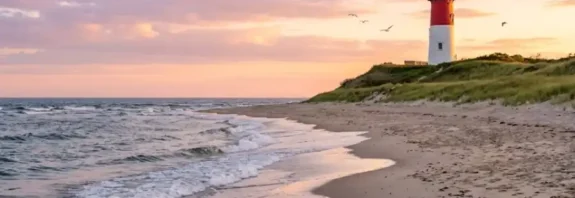 Cape Cod etats unis coastline at golden hour with Nauset Light lighthouse, sandy beach, and Atlantic Ocean waves in Massachusetts