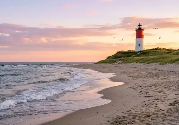Cape Cod etats unis coastline at golden hour with Nauset Light lighthouse, sandy beach, and Atlantic Ocean waves in Massachusetts