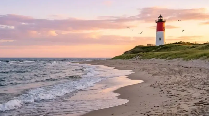 Cape Cod etats unis coastline at golden hour with Nauset Light lighthouse, sandy beach, and Atlantic Ocean waves in Massachusetts