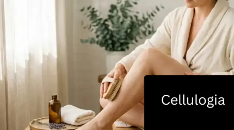 Woman dry brushing her thigh during a morning cellulogia skincare routine in natural light