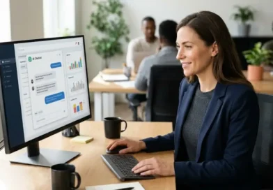 A customer service professional using an AI chatbot interface on a computer screen in a modern office setting