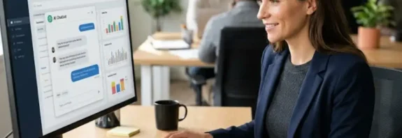 A customer service professional using an AI chatbot interface on a computer screen in a modern office setting