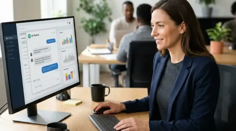 Chatbot Technology Updates Aggr8Tech: How AI Chatbots Got Smarter in 2026 1 A customer service professional using an AI chatbot interface on a computer screen in a modern office setting