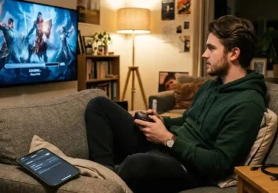 A young man connecting and using an HSSGamepad on his TV with Bluetooth settings visible on his smartphone nearby.