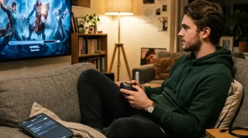 A young man connecting and using an HSSGamepad on his TV with Bluetooth settings visible on his smartphone nearby.
