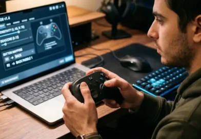 Gamer adjusting controller special settings UGGControman on a laptop screen during a late night gaming session