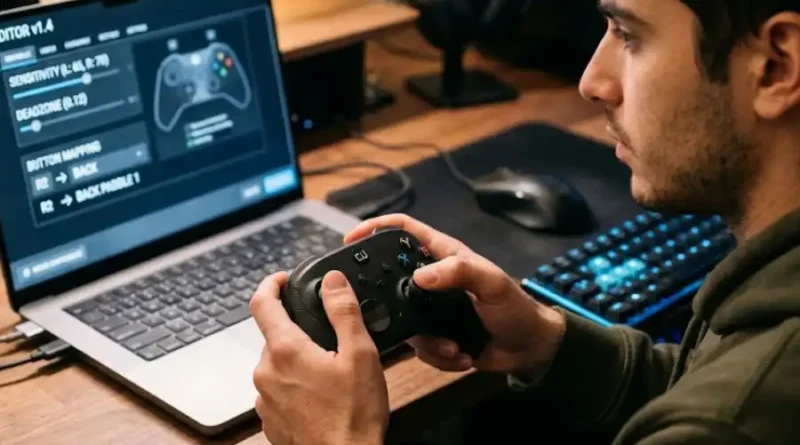 Gamer adjusting controller special settings UGGControman on a laptop screen during a late night gaming session