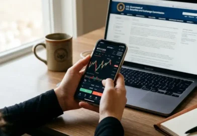 A person researching Crypto30x.com regulation on a smartphone and laptop in a home office before investing in cryptocurrency