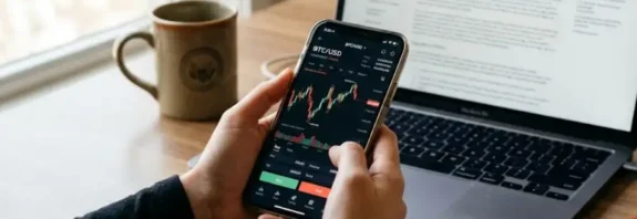 A person researching Crypto30x.com regulation on a smartphone and laptop in a home office before investing in cryptocurrency