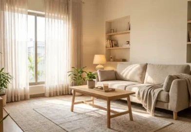 Cozy Decobry-style living room with layered rugs, warm lighting, indoor plants, and functional minimalist furniture