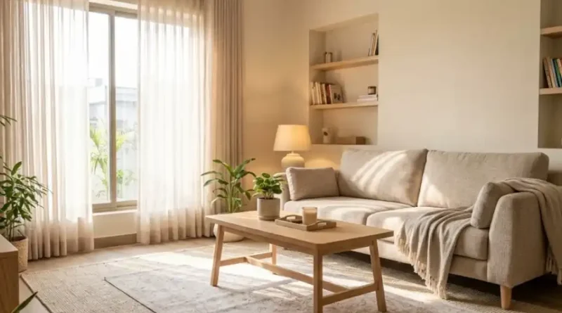 Cozy Decobry-style living room with layered rugs, warm lighting, indoor plants, and functional minimalist furniture