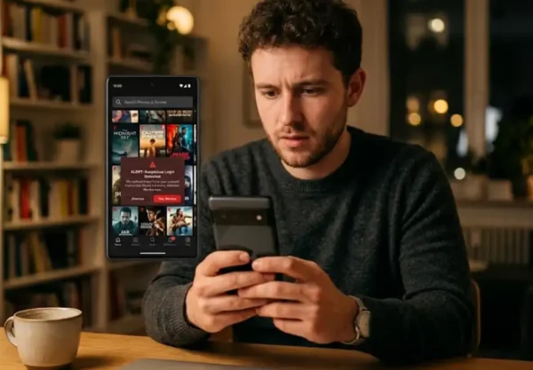 A person holding a smartphone displaying a free streaming app interface, with a cautious expression, symbolizing the risks of using unofficial platforms like Doodflix.