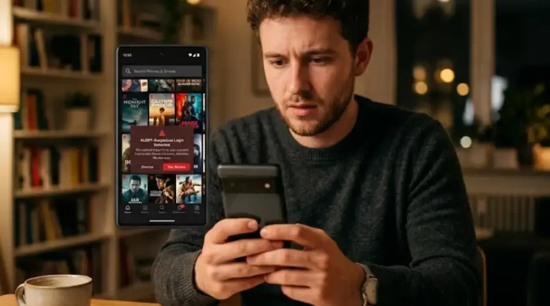 A person holding a smartphone displaying a free streaming app interface, with a cautious expression, symbolizing the risks of using unofficial platforms like Doodflix.