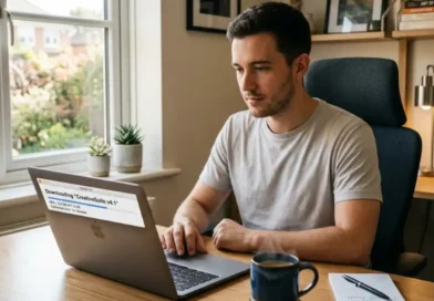 A young man downloading software on a laptop at a home office desk with natural light
