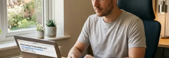 A young man downloading software on a laptop at a home office desk with natural light