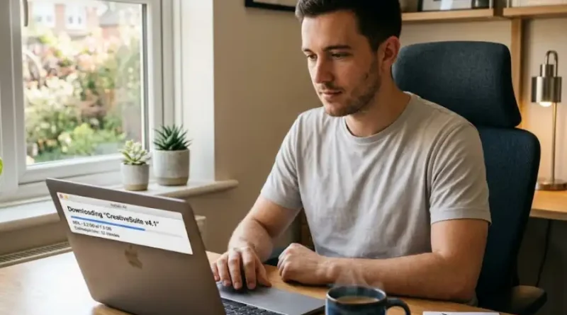 A young man downloading software on a laptop at a home office desk with natural light