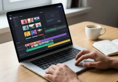 A person downloading and installing UStudioBytes creative software on a laptop, with the application dashboard visible on screen showing video editing and design tools.