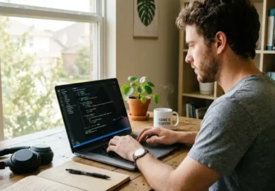 Drovenio software development tips shown through a focused developer writing clean code on a laptop in a bright modern workspace.