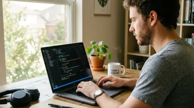 Drovenio software development tips shown through a focused developer writing clean code on a laptop in a bright modern workspace.