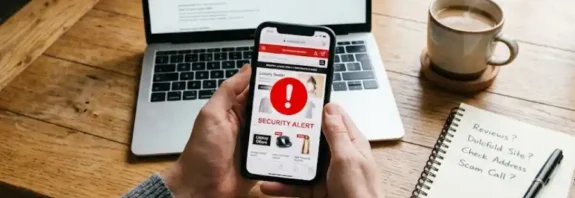 Person checking a suspicious website on their smartphone while researching Dulcfold com on a laptop at a home desk