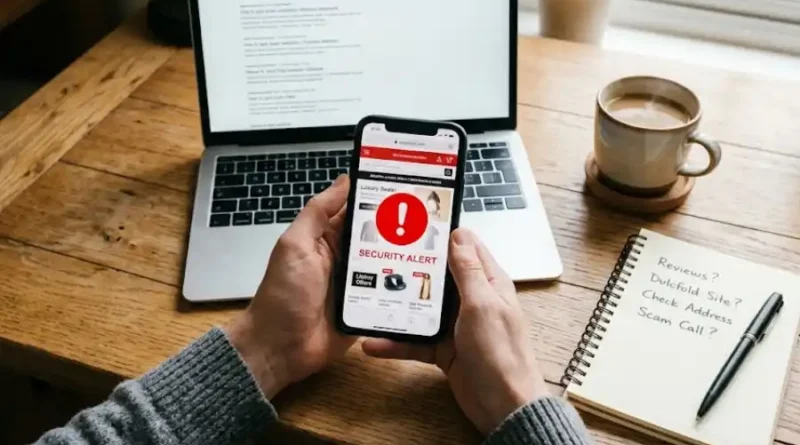 Dulcfold Com: Is It Legit or a Scam? (What You Need to Know Before Clicking) 1 Person checking a suspicious website on their smartphone while researching Dulcfold com on a laptop at a home desk