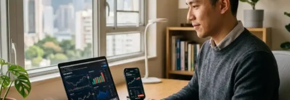A person reviewing Asian stock market data and crypto charts on a laptop and smartphone at a modern desk