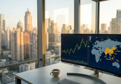 A modern office desk with a curved monitor showing live Asian stock market charts, with a coffee cup beside it and an Asian city skyline visible through the window at golden hour.