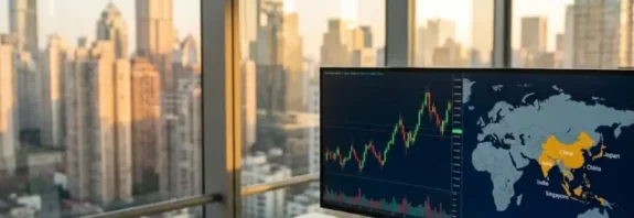 A modern office desk with a curved monitor showing live Asian stock market charts, with a coffee cup beside it and an Asian city skyline visible through the window at golden hour.