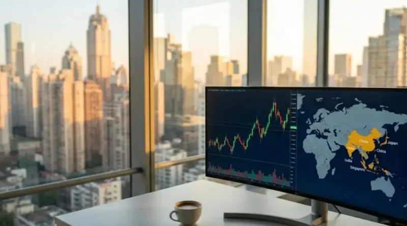 FTAsiaStock Technology: What It Is, How It Works, and Why Investors Care in 2026 1 A modern office desk with a curved monitor showing live Asian stock market charts, with a coffee cup beside it and an Asian city skyline visible through the window at golden hour.