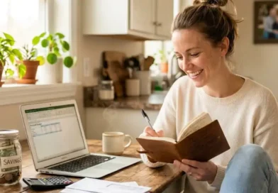 Young woman at her kitchen table working on a monthly budget with notebook, laptop, coffee, and a savings jar in natural morning light.