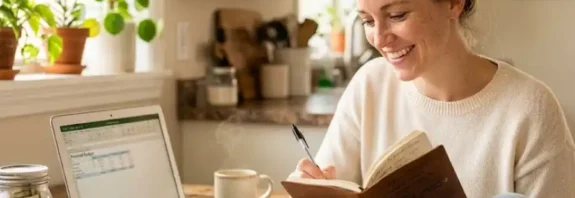 Young woman at her kitchen table working on a monthly budget with notebook, laptop, coffee, and a savings jar in natural morning light.
