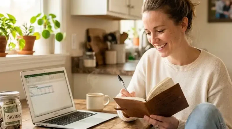 Young woman at her kitchen table working on a monthly budget with notebook, laptop, coffee, and a savings jar in natural morning light.