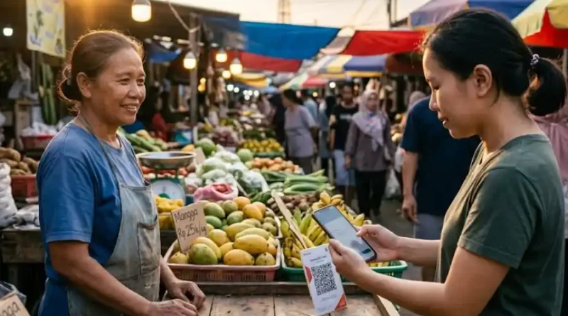 A local Asian vendor accepting mobile wallet QR payment from a customer at a street market, showing the real-world use of fintechasia .net telekom services.