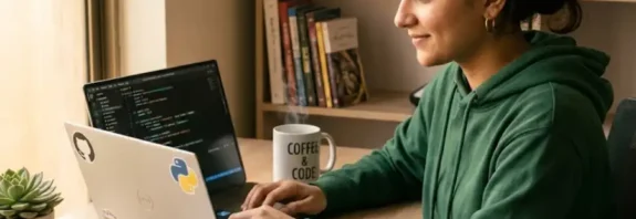 Young woman coding on a laptop in a modern workspace with colorful code on screen and tech stickers on the laptop