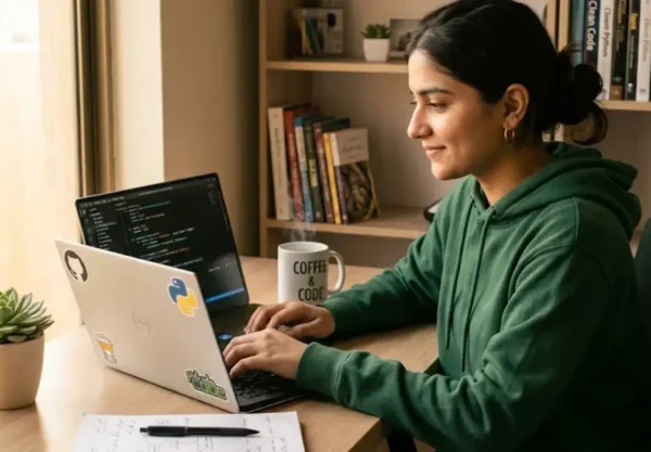 Young woman coding on a laptop in a modern workspace with colorful code on screen and tech stickers on the laptop