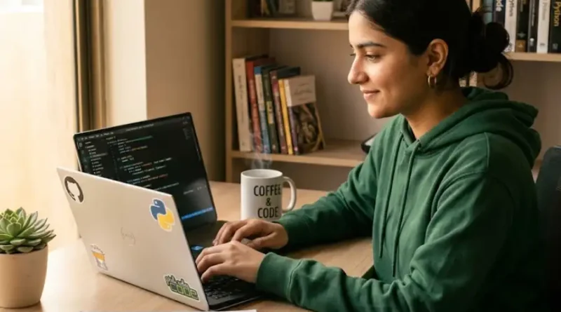 FutureTechGirls Kickass Tips: 15 Smart Ways to Break Into Tech and Own It (2026 Guide) 1 Young woman coding on a laptop in a modern workspace with colorful code on screen and tech stickers on the laptop