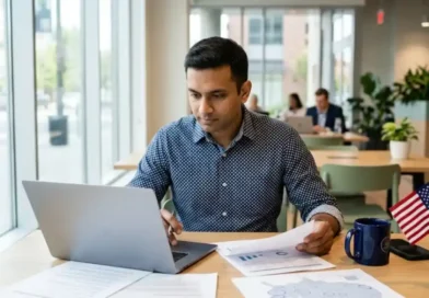 International founder reviewing U.S. expansion documents and visa paperwork at a modern office desk with an American flag in the background.