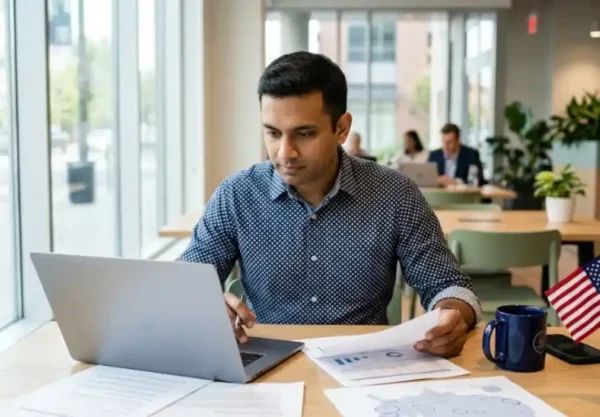 International founder reviewing U.S. expansion documents and visa paperwork at a modern office desk with an American flag in the background.