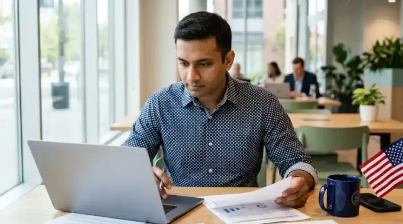 International founder reviewing U.S. expansion documents and visa paperwork at a modern office desk with an American flag in the background.