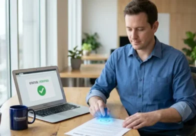 A businessman verifying and stamping a digital document using ICOSTAMP blockchain verification platform