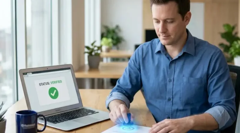 A businessman verifying and stamping a digital document using ICOSTAMP blockchain verification platform