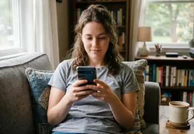 A young woman privately browsing Instagram Stories on her smartphone at home, representing anonymous story viewing with Insanont.