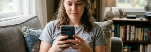 A young woman privately browsing Instagram Stories on her smartphone at home, representing anonymous story viewing with Insanont.