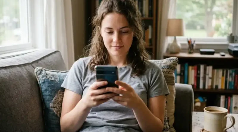 A young woman privately browsing Instagram Stories on her smartphone at home, representing anonymous story viewing with Insanont.