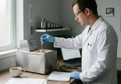 Lab technician performing kalibraatio on a digital thermometer using a certified temperature reference bath in a calibration laboratory.