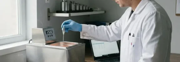 Lab technician performing kalibraatio on a digital thermometer using a certified temperature reference bath in a calibration laboratory.