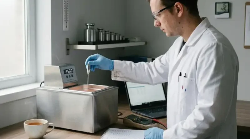 Lab technician performing kalibraatio on a digital thermometer using a certified temperature reference bath in a calibration laboratory.