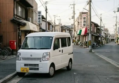 Kei van (keibann) compact Japanese mini van parked on a quiet urban street with realistic natural lighting