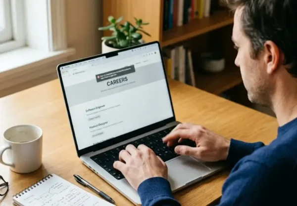 Person at a wooden desk troubleshooting a company careers page on a laptop, an example of the keine karriere-subdomain gefunden situation.